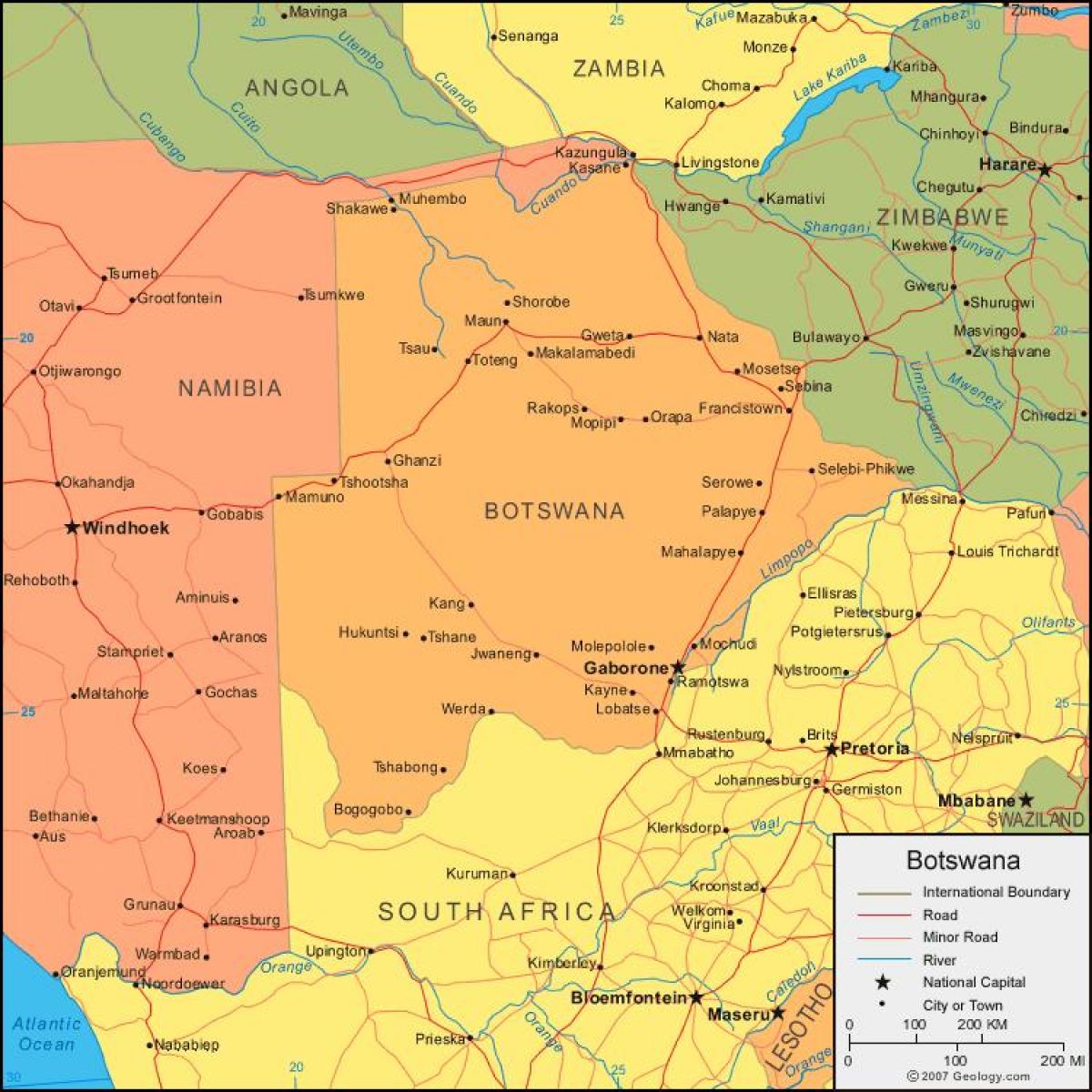 Karte von Botswana zeigt alle Dörfer