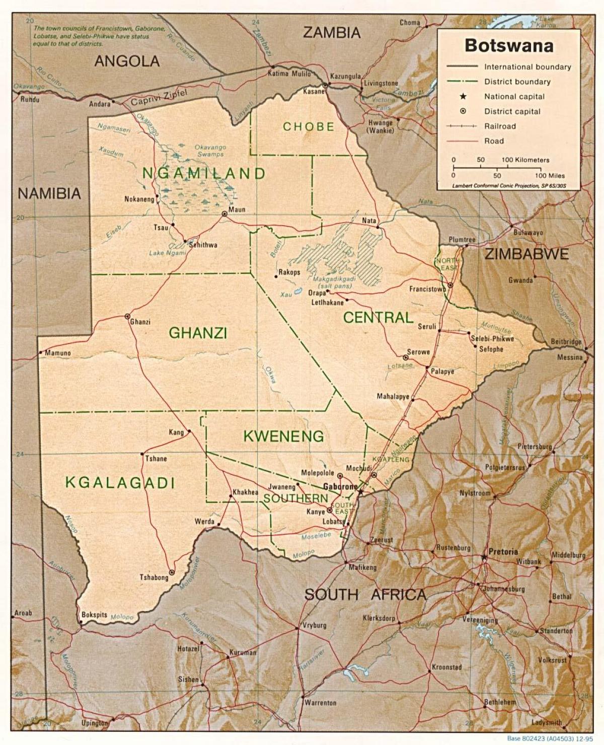 Karte von Botswana zeigt Städte und Dörfer